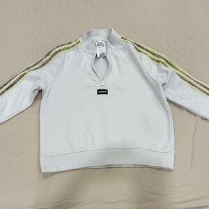 adidas White Quarter-Zip Sweatshirt with Yellow and Gray Shoulder Stripes